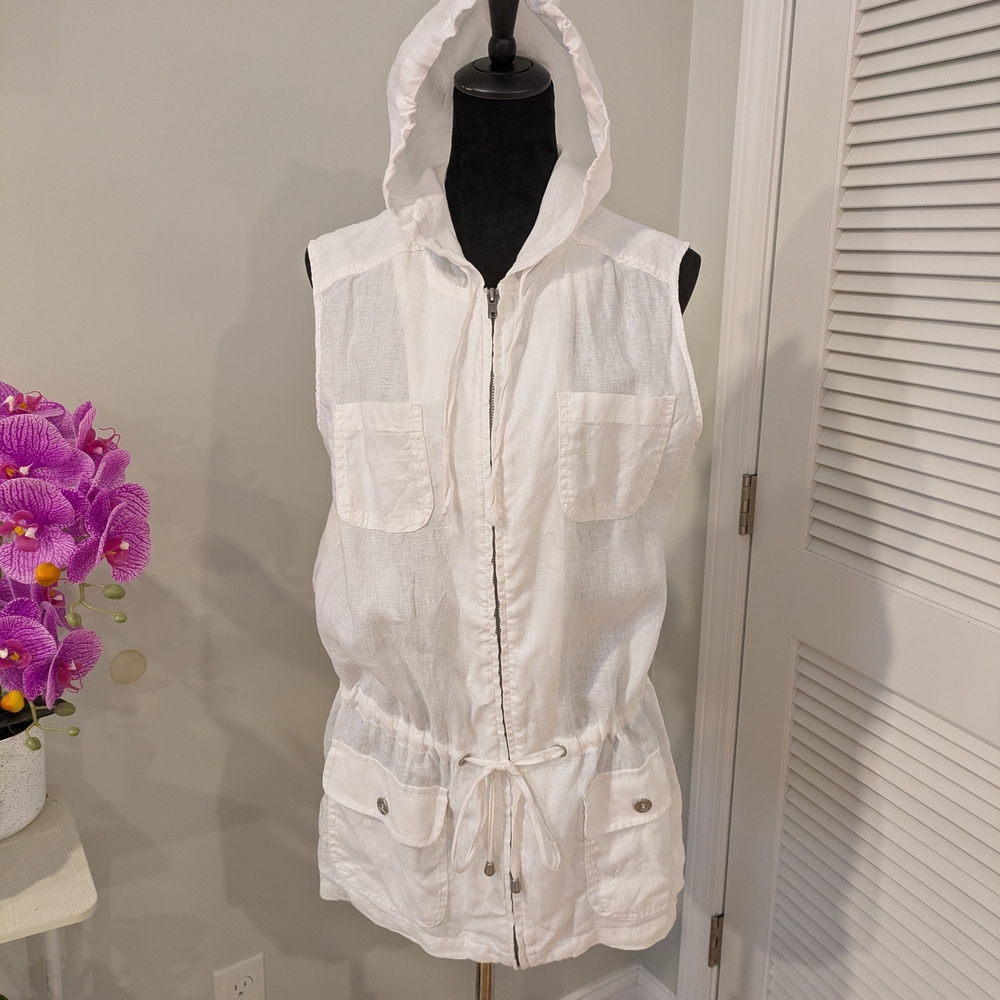 Kenar White Sleeveless Hooded Tunic Size L 100% Linen